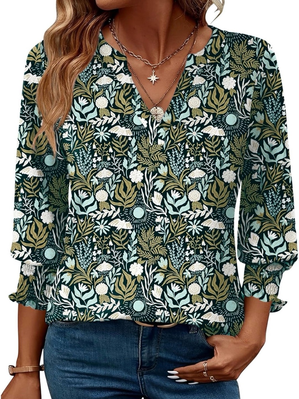 Botanical V-Neck 3/4 Sleeve Blouse in Dark Green Floral - Picture 3 of 3